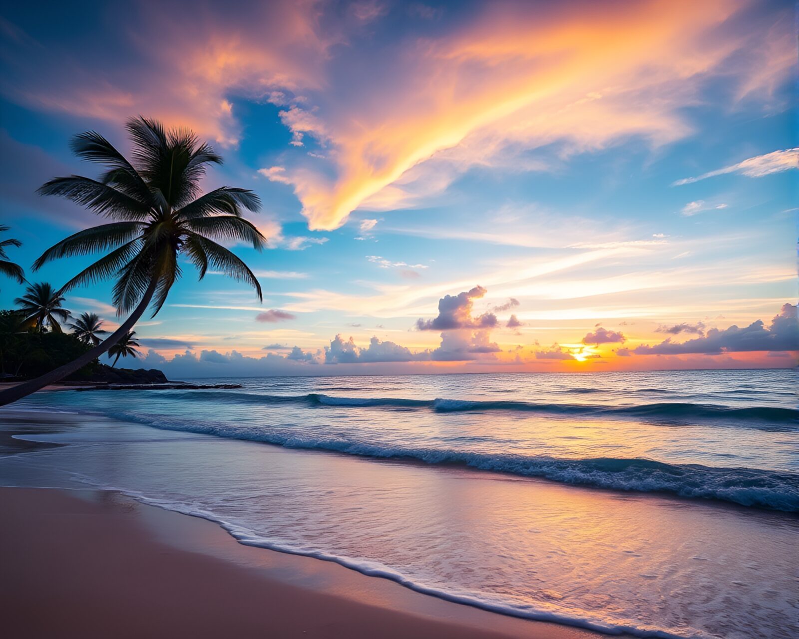 Colorful sunset painting a serene tropical beach scene