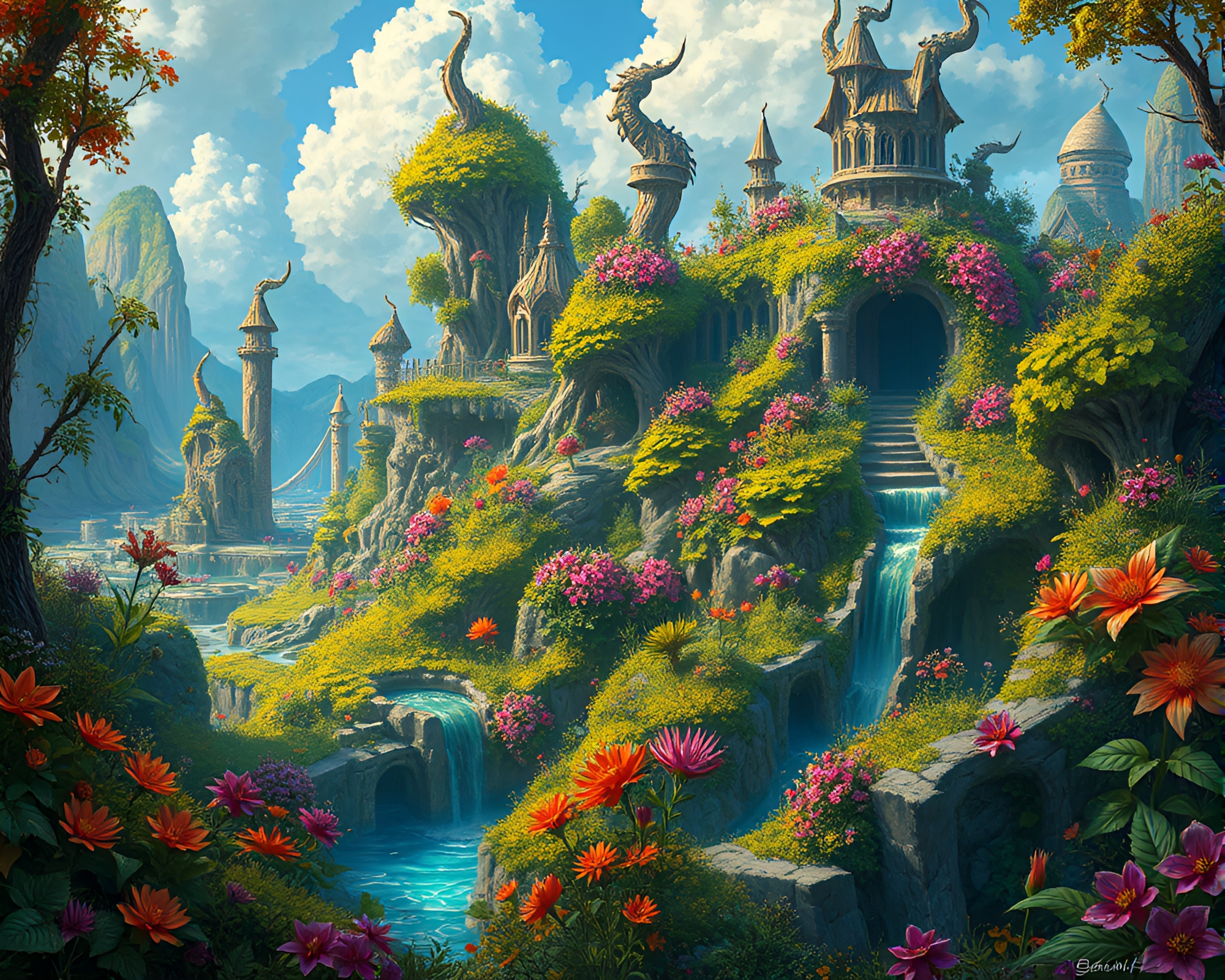 Vibrant Fantasy Landscape Illustration with Detailed Flora – free AI stock image