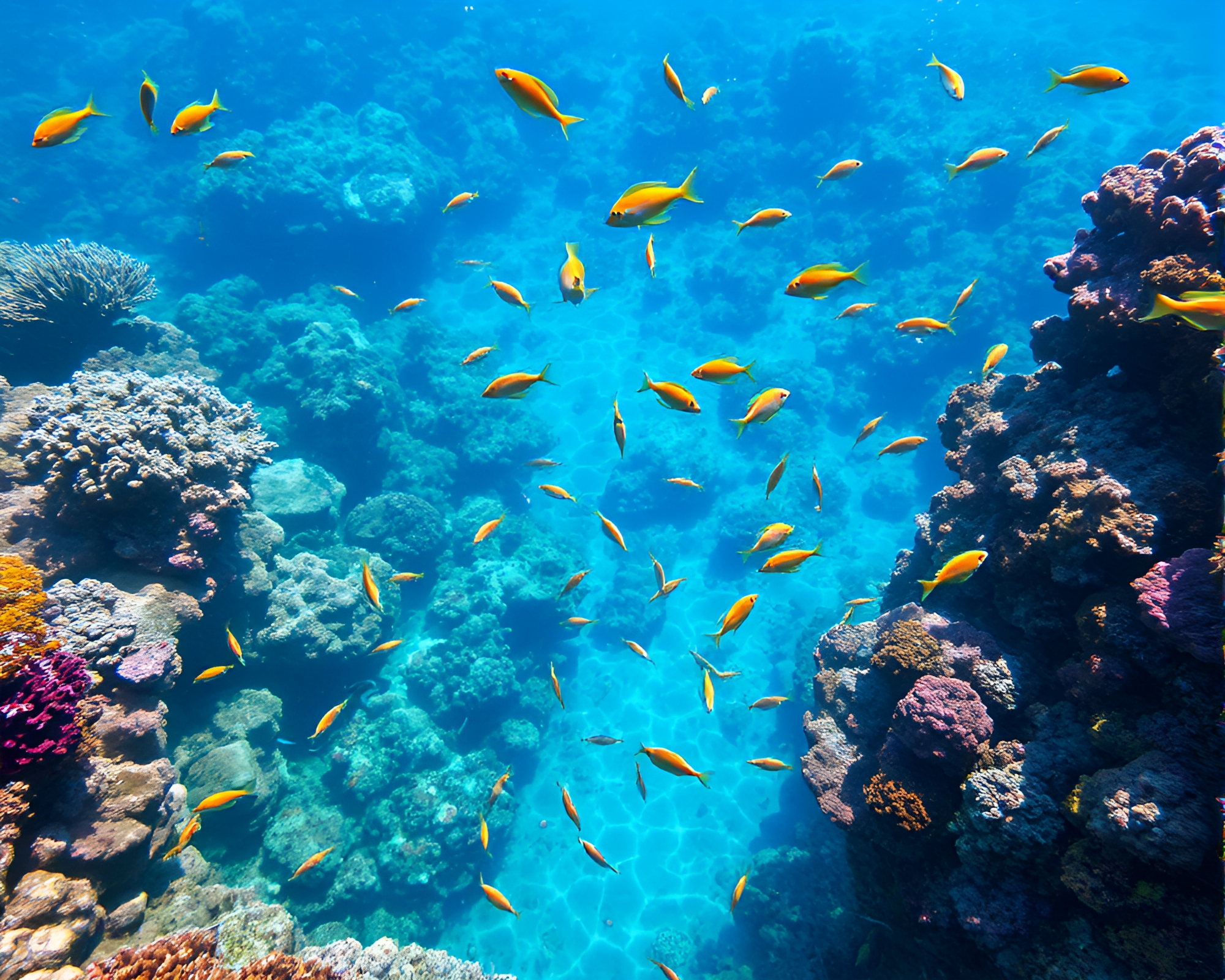 Vibrant underwater coral reef teeming with marine life – free AI stock image