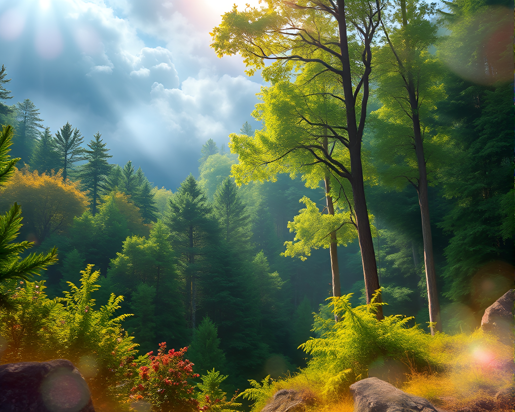 Vibrant forest under soft sunlight – free AI stock image