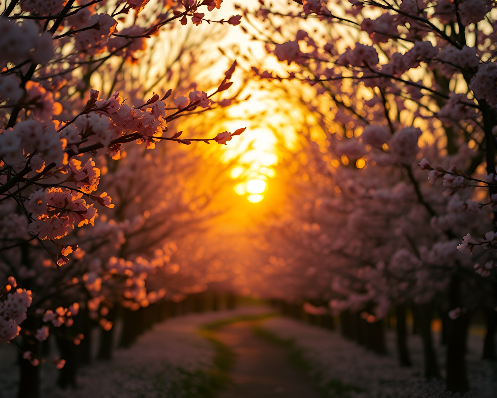Enchanted Cherry Blossom Forest in Sunset Glow – free AI stock image