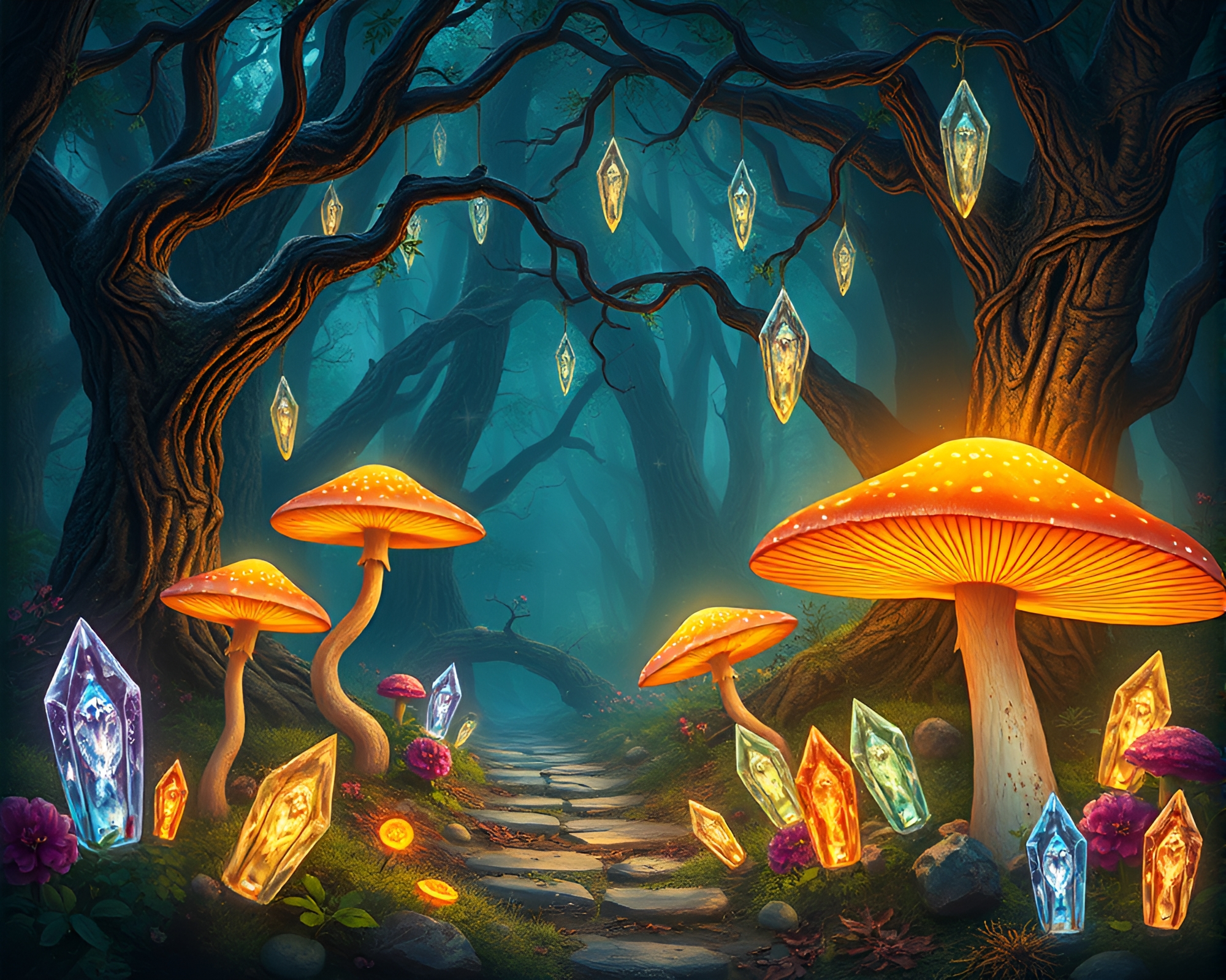 Mystical Forest with Glowing Mushrooms and Crystals – free AI stock image