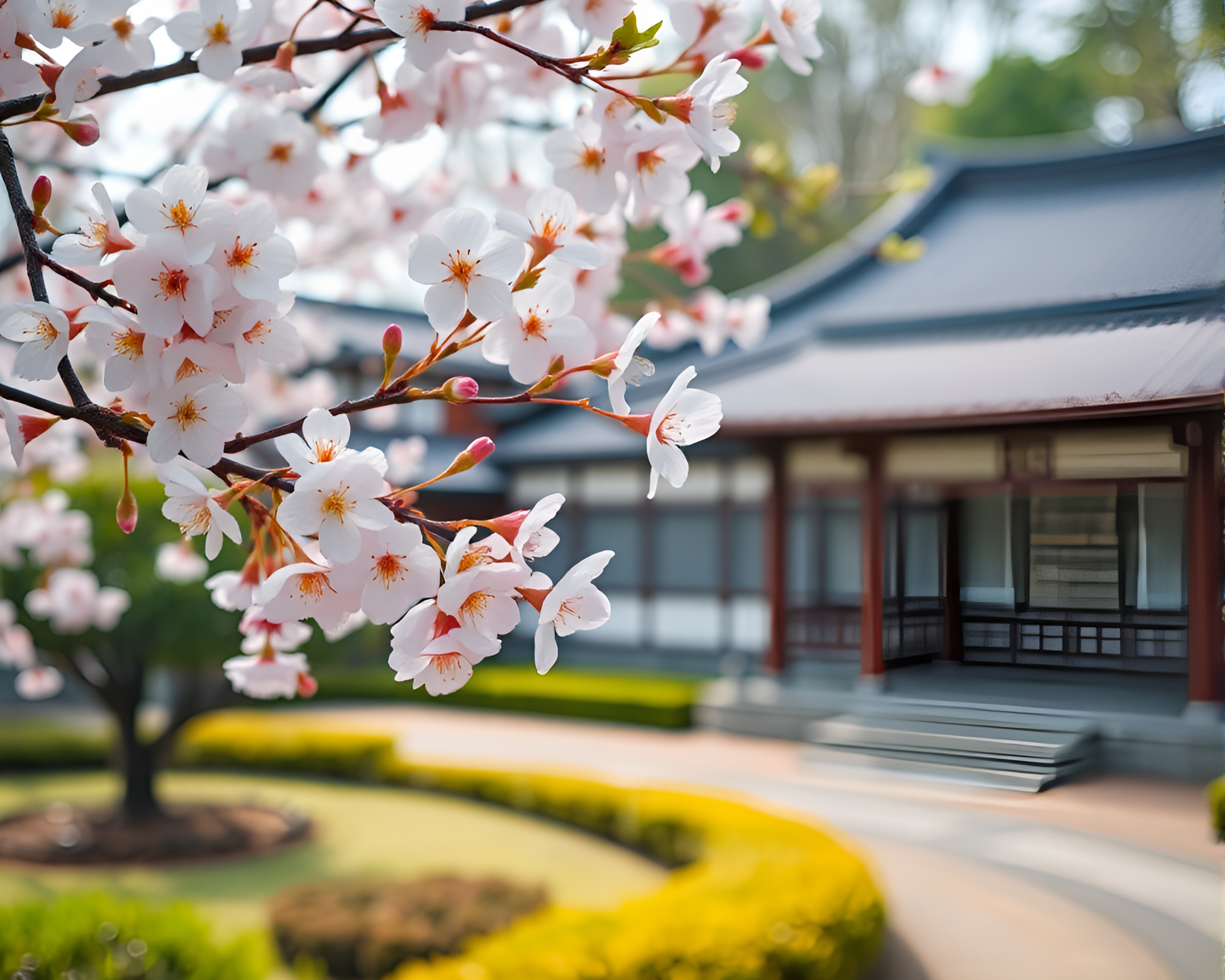 Ethereal Cherry Blossoms in Traditional Japanese Garden – free AI stock image