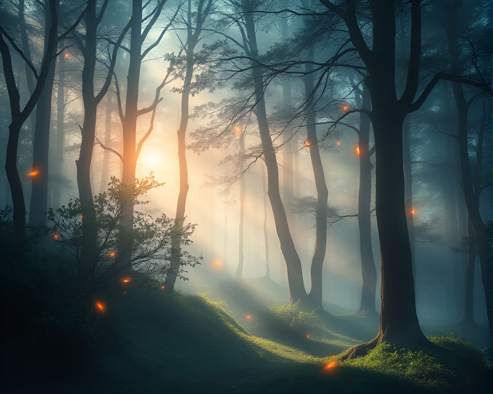A mystical illustration of luminescent trees in a magical forest