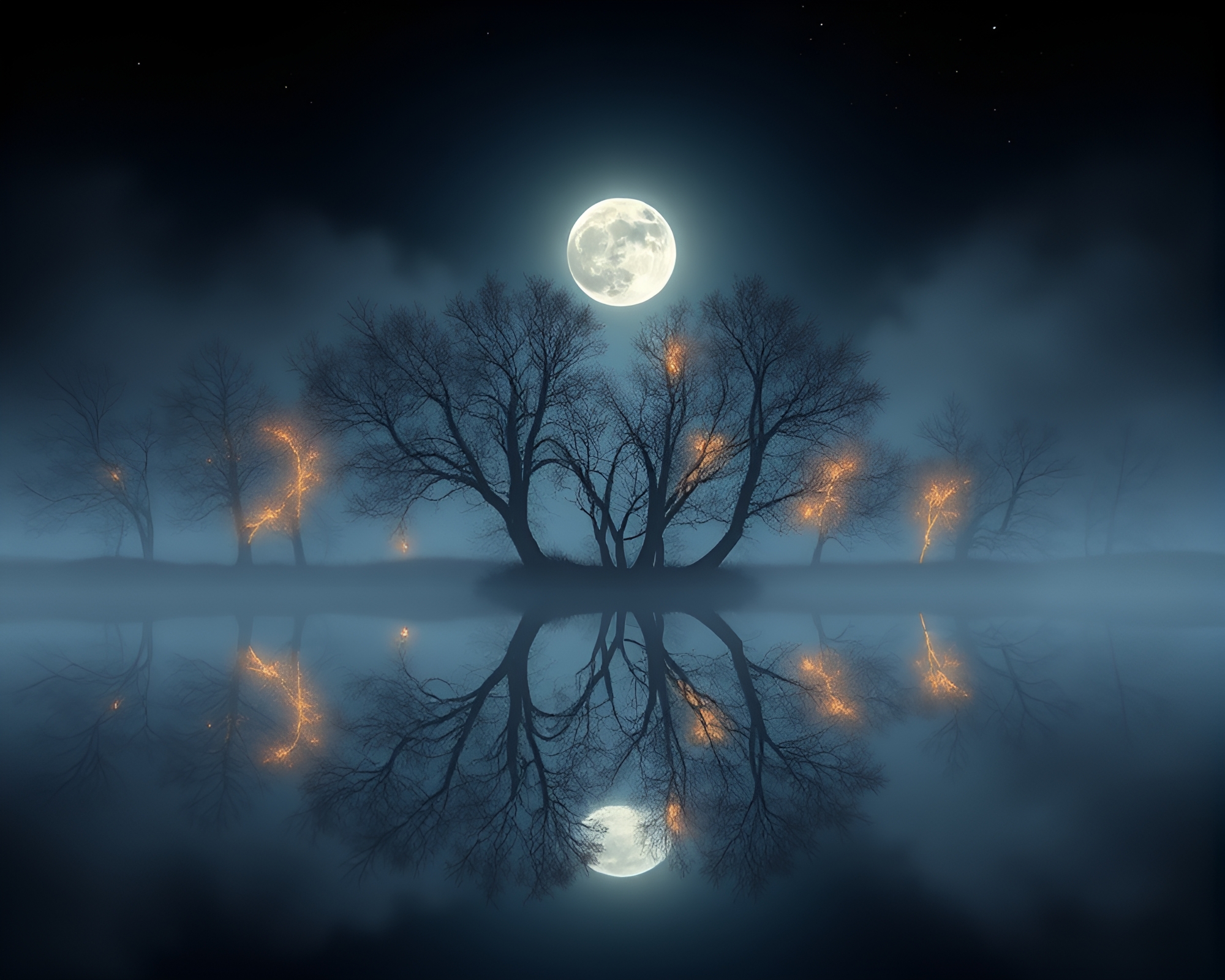 Ethereal Landscape with Moonlit Trees and Glowing Water – free AI stock image
