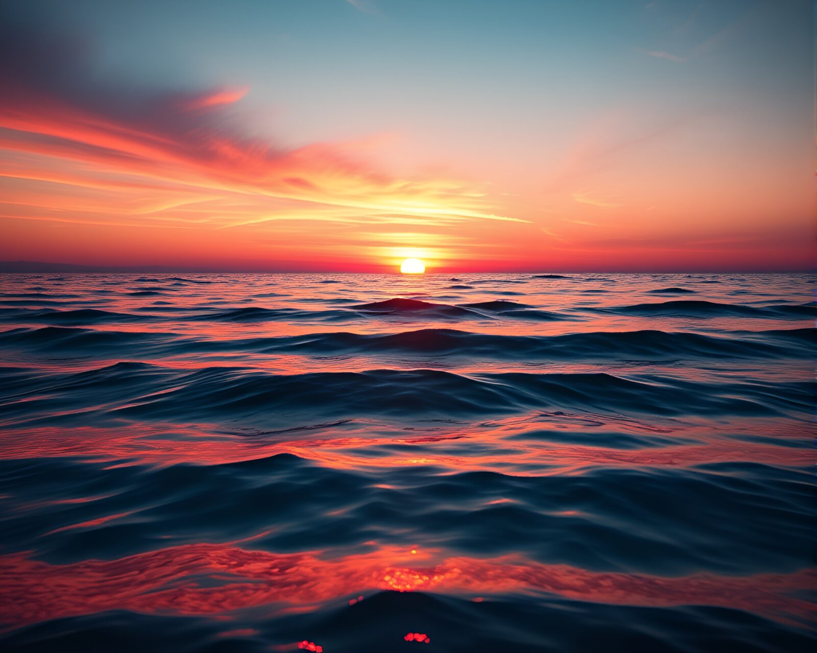 Tranquil sunset scene over calm waves reflecting golden light