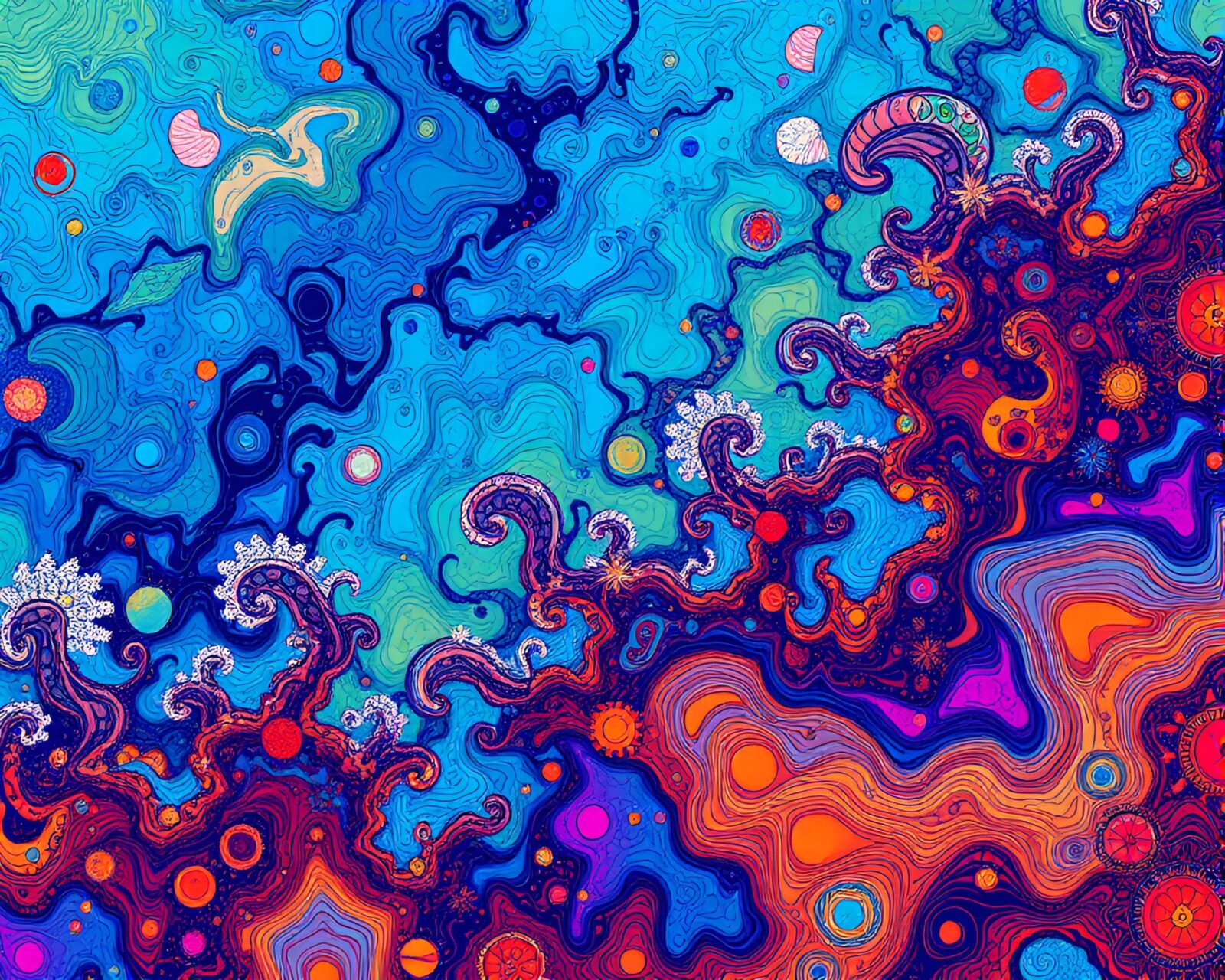 Colorful ocean painting with intricate patterns and details