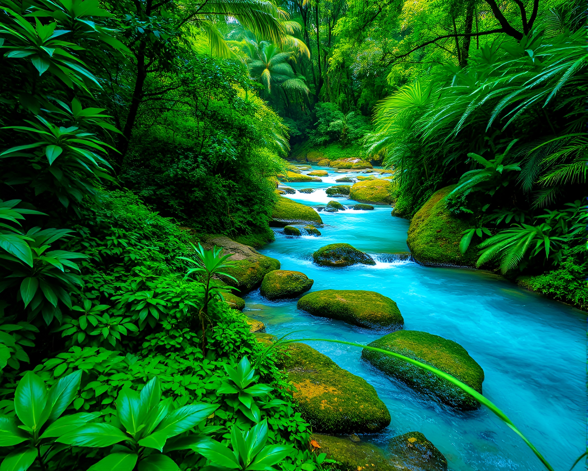 Lush Green Jungle with Clear Blue Stream – free AI stock image