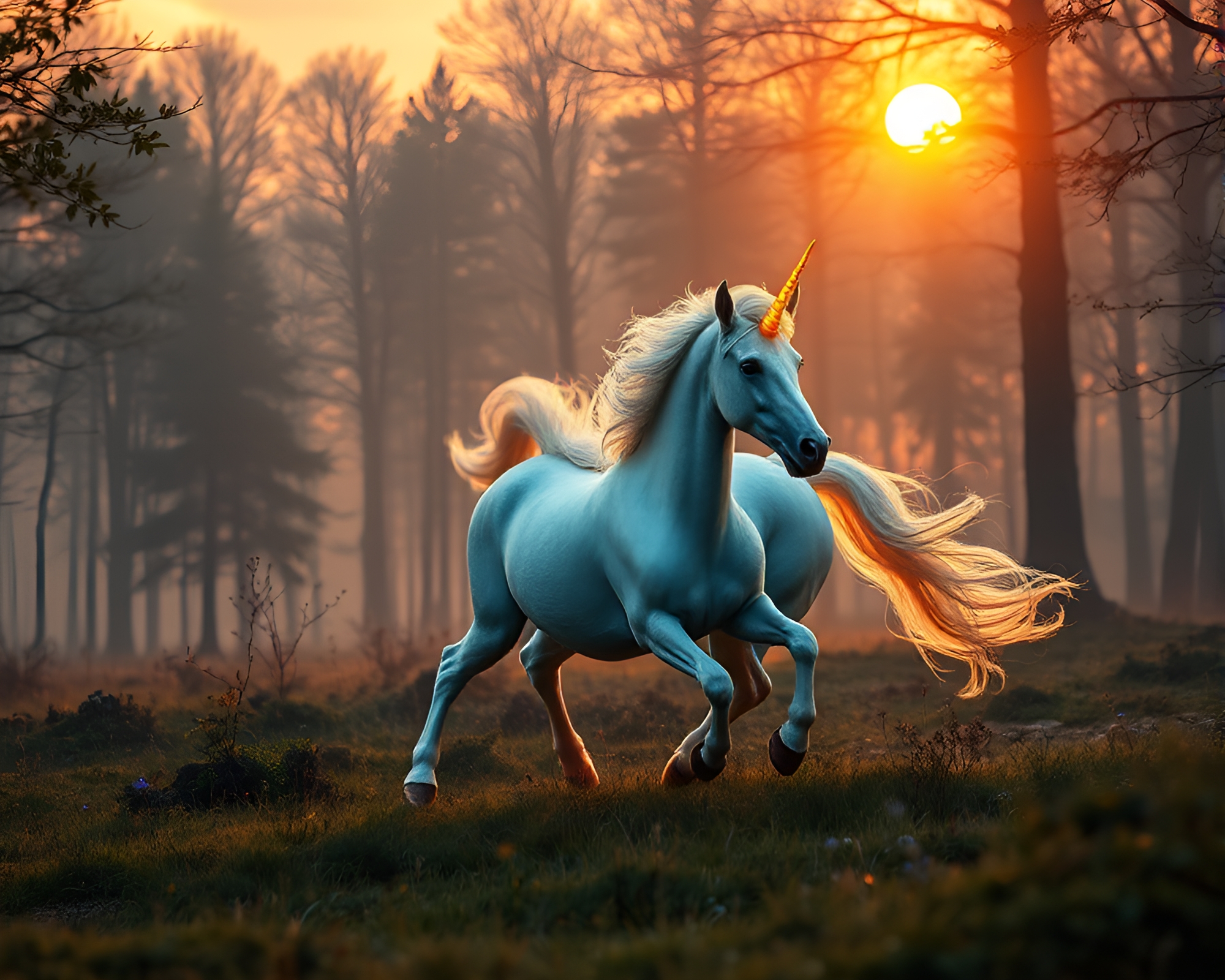 Majestic Unicorn Galloping in Enchanted Forest – free AI stock image