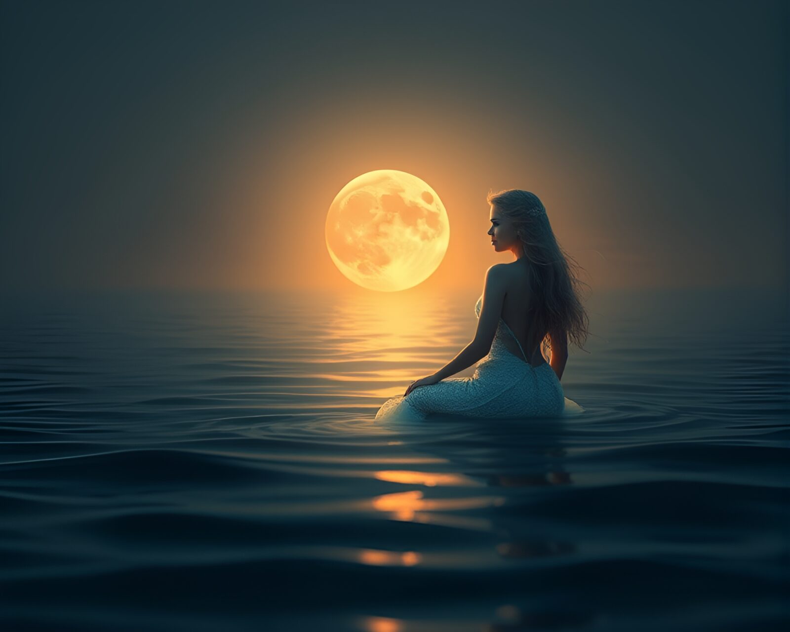 Otherworldly mermaid glistening under the moonlight near tranquil waters
