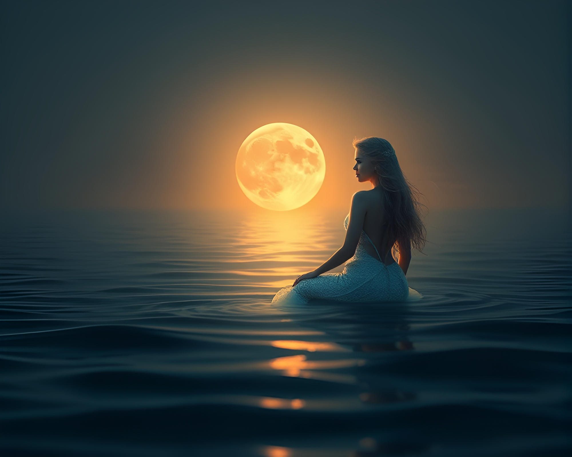 Ethereal Mermaid Basking in Moonlight by Calm Sea – free AI stock image