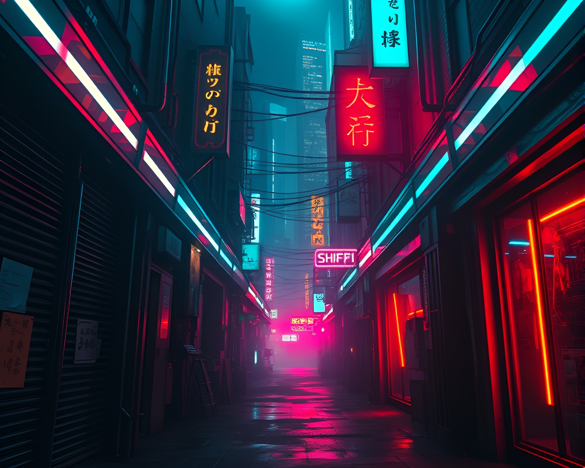 Glowing Neon Lights Illuminating Dark Alleyway in Cyberpunk Cityscape – free AI stock image
