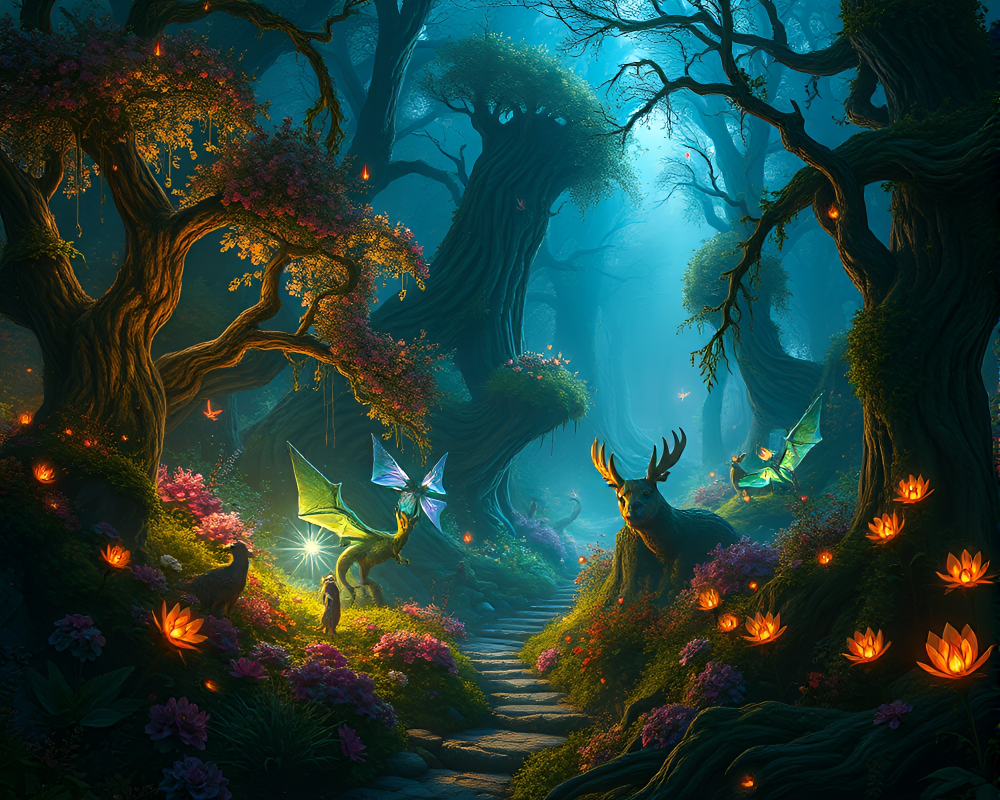 Enchanted forest with mystical creatures and glowing flora – free AI stock image