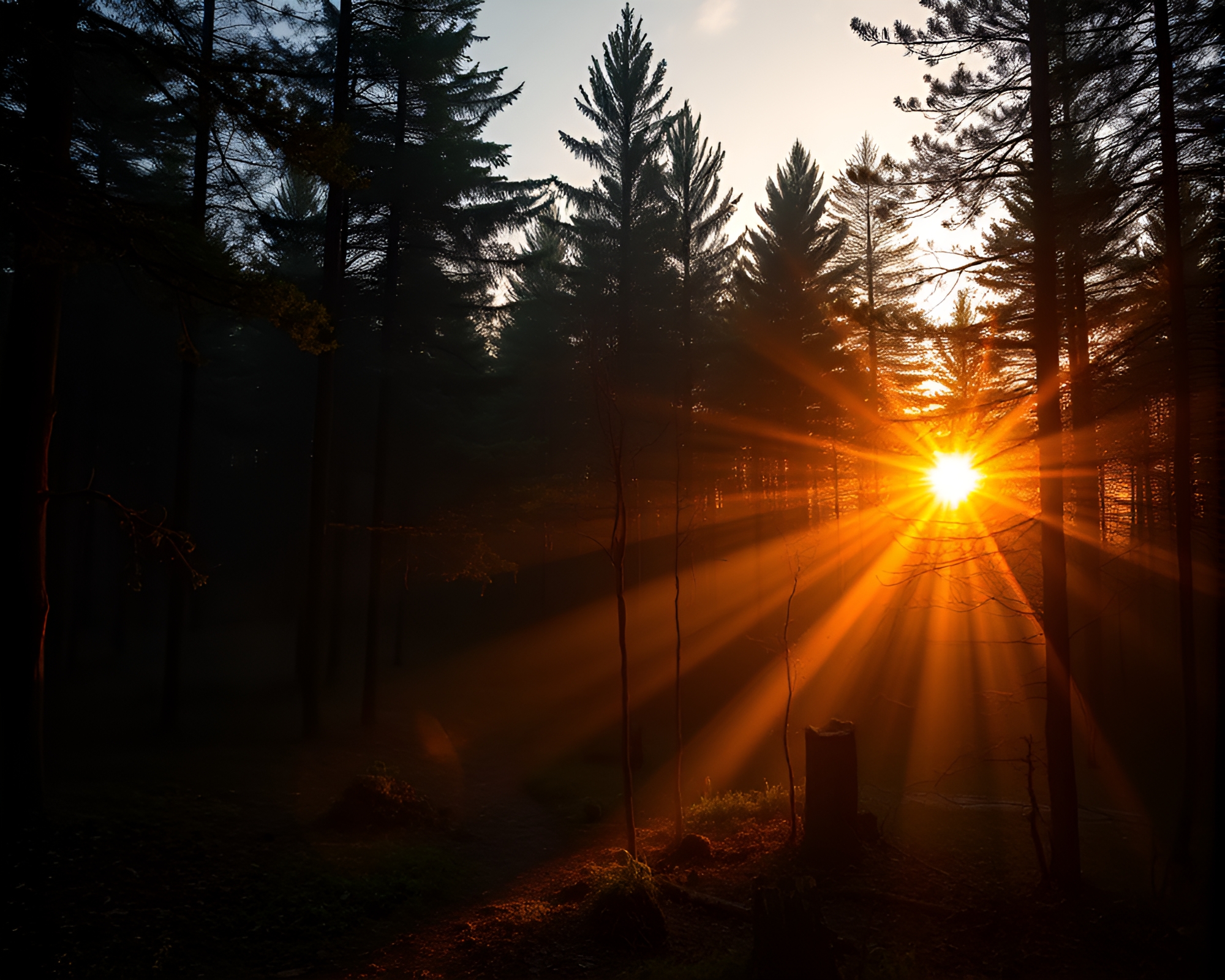Enchanting Forest Sunset With Mist and Shadows – free AI stock image