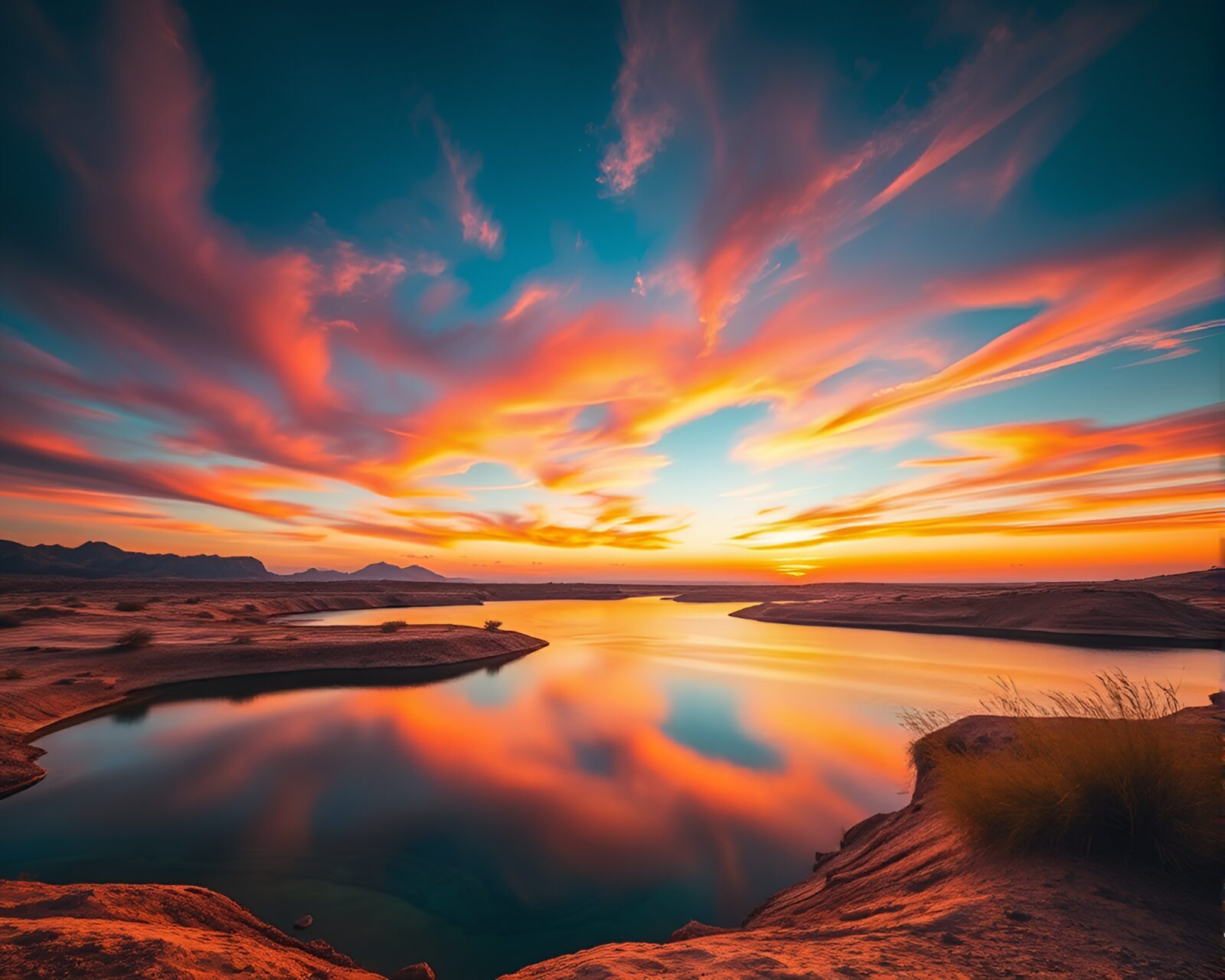 A scenic landscape of a colorful desert oasis at sunset