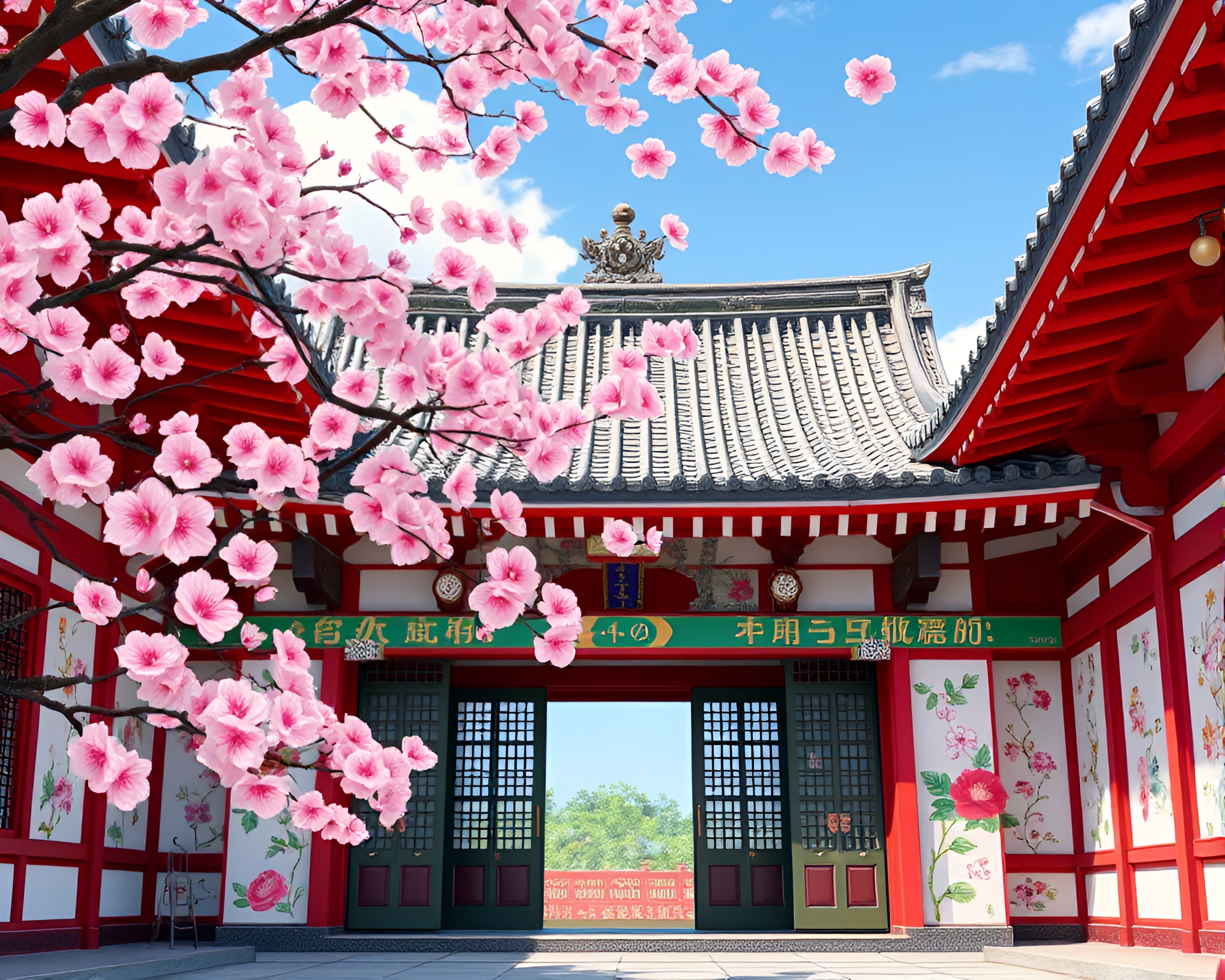 Vibrant Floral Patterns in Traditional Japanese Architecture – free AI stock image