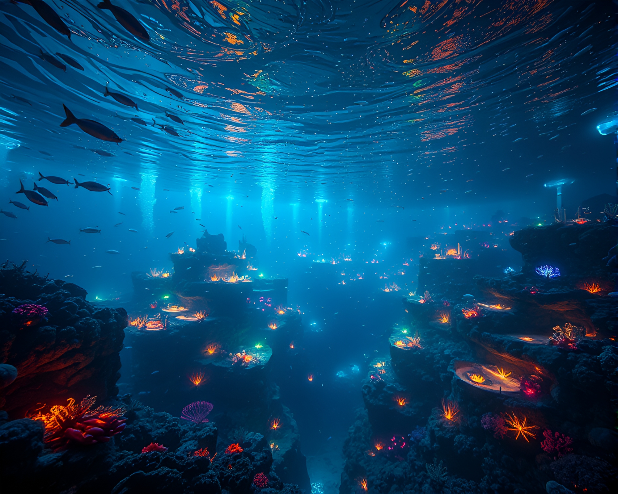 Enchanted Underwater City Illuminated by Bioluminescent Organisms – free AI stock image