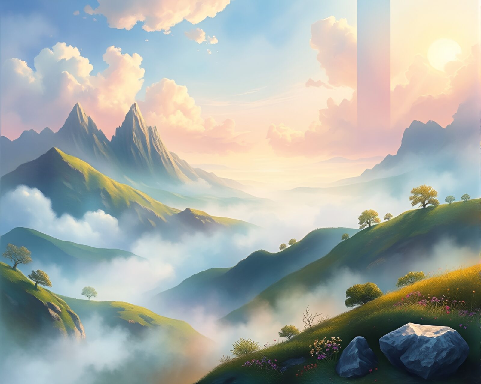 Mystical landscape with soft watercolor tones and dreamy atmosphere
