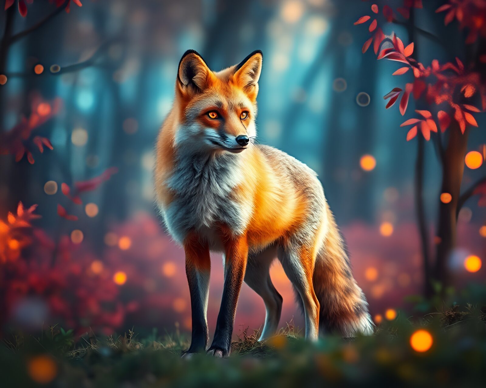 A mystical fox surrounded by colorful trees in a magical forest.