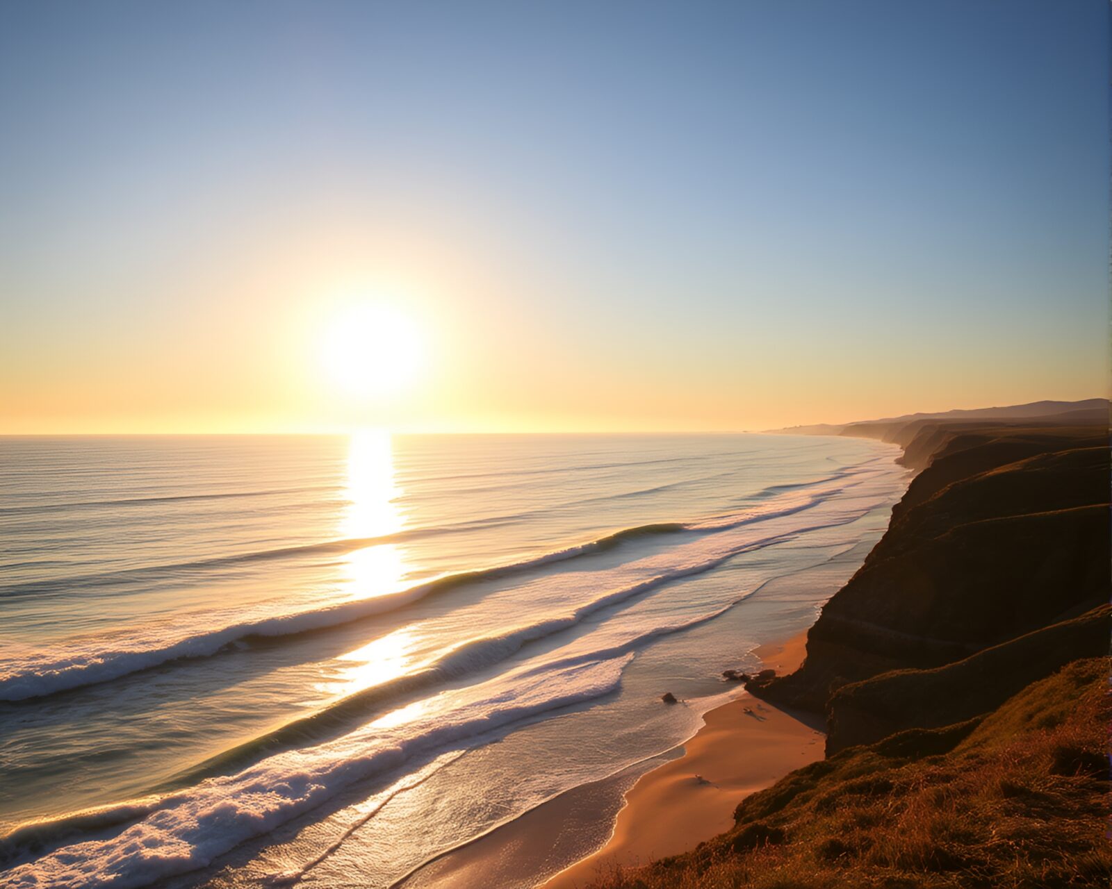 Warm sunset light casting a golden glow over tranquil coastal scene