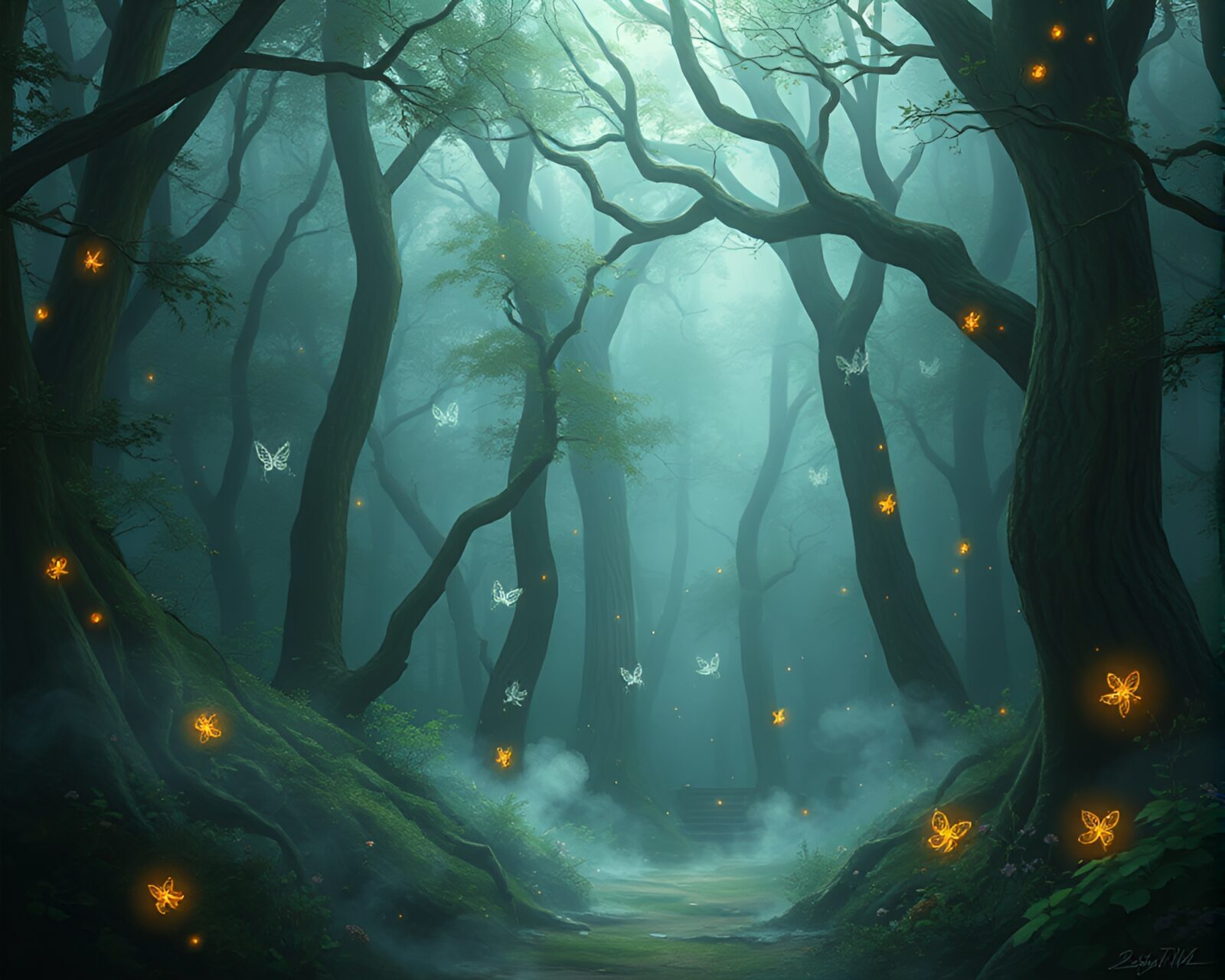 Magical forest with twinkling fairies and ethereal mist