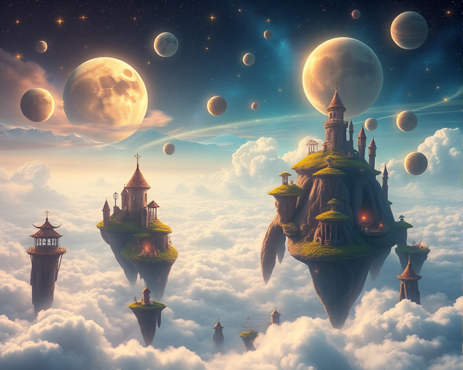 Dreamy landscape with floating islands and glowing stars in the sky