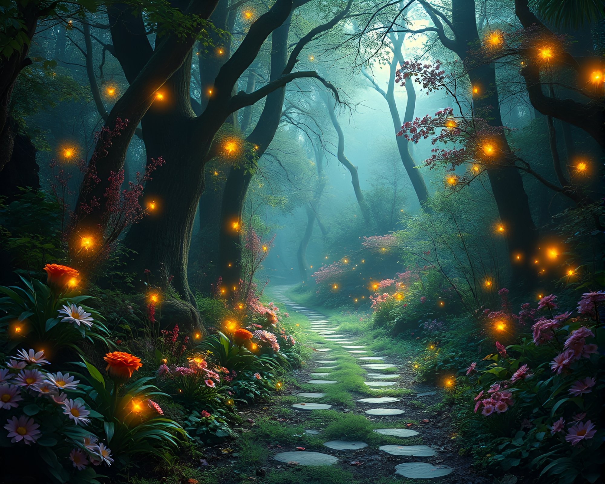 Enchanted Forest Path Leads to Mystical Fairy Garden – free AI stock image