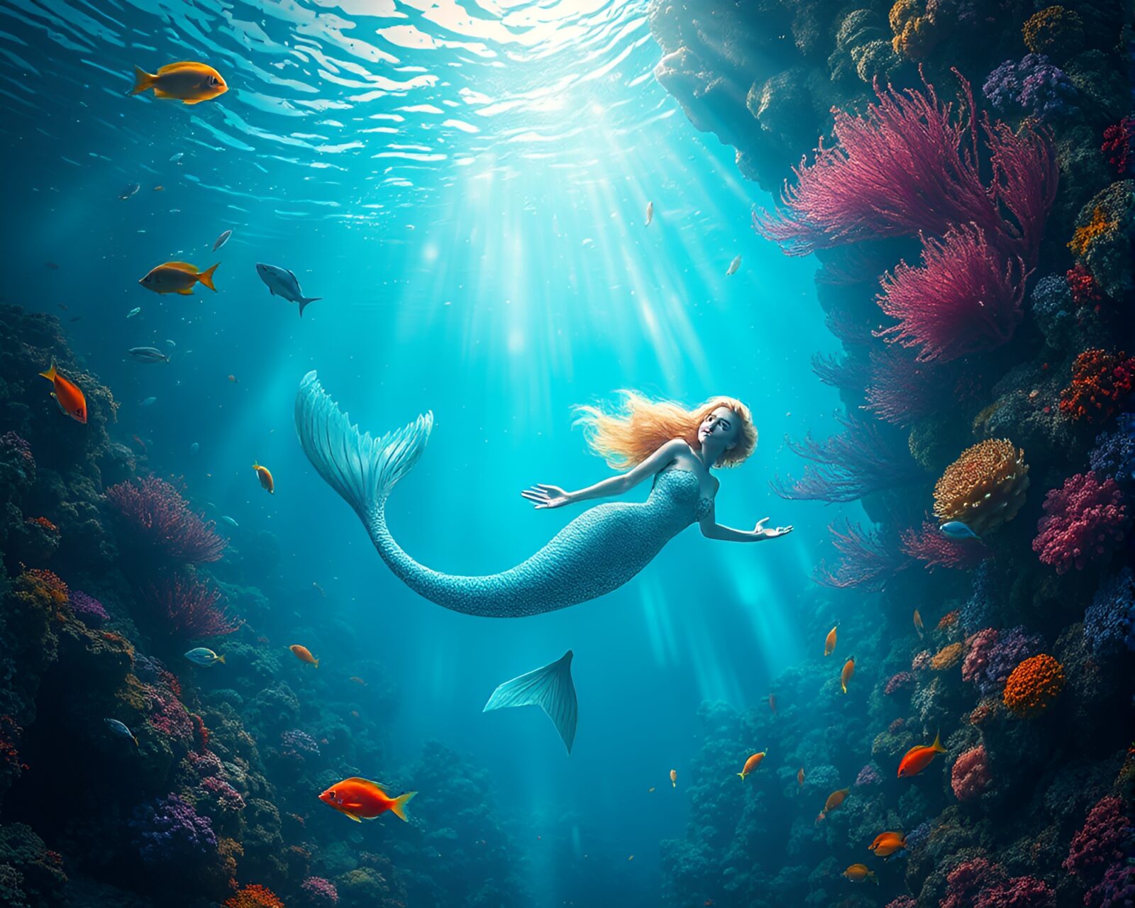 Graceful mermaid gracefully gliding through vibrant underwater world