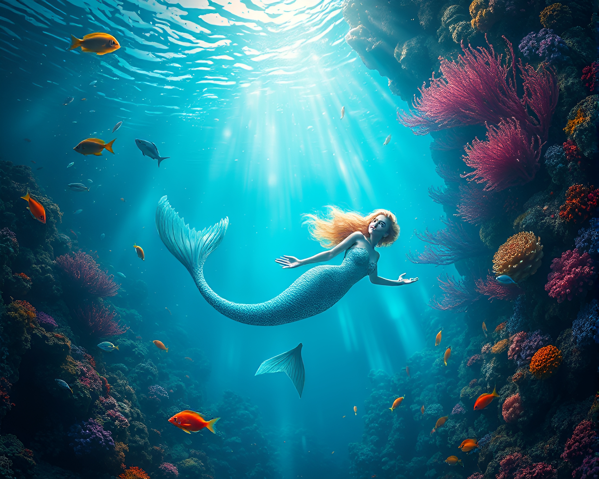 Ethereal Mermaid Swimming Through Coral Reef Underwater – free AI stock image