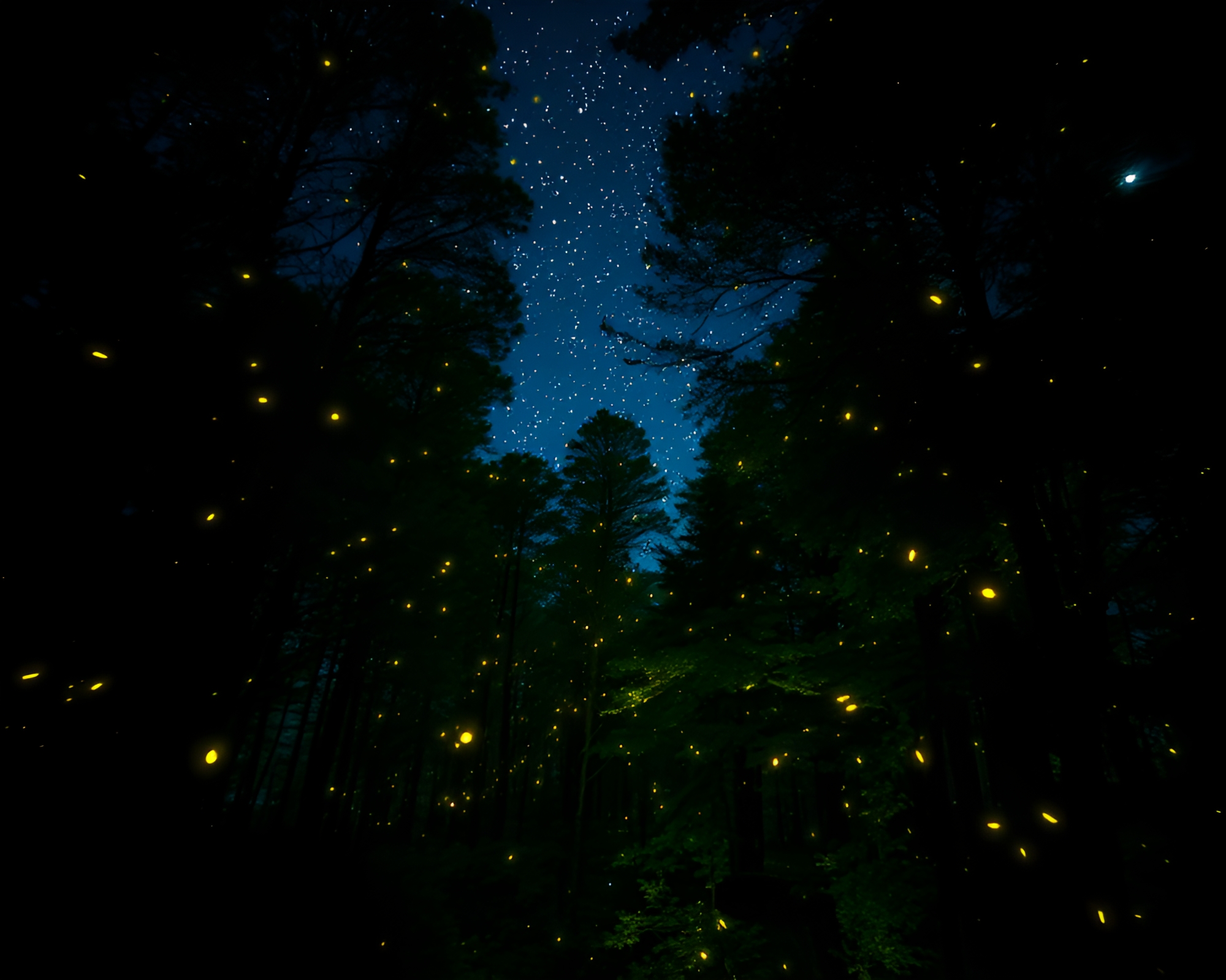 Enchanted Forest Scenery with Glowing Fireflies – free AI stock image