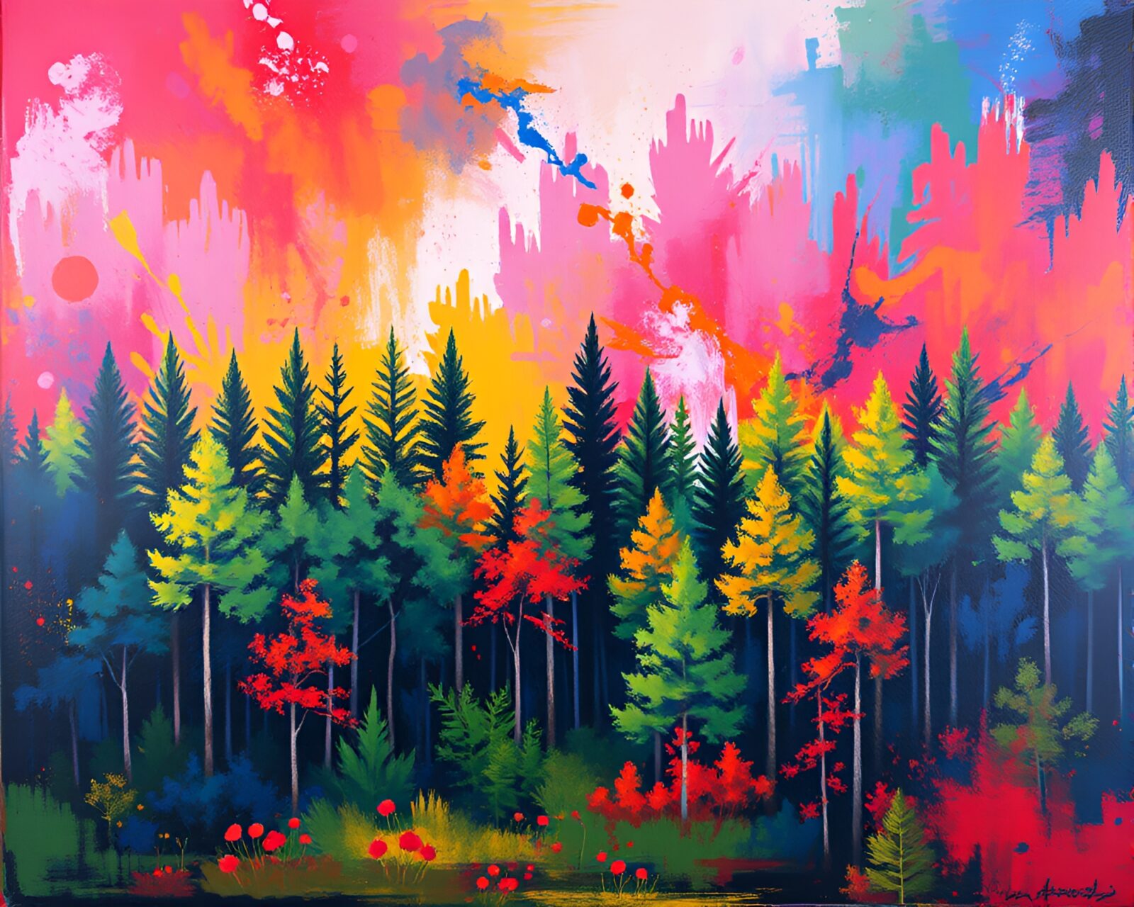 Stunning forest artwork with colorful leaves on abstract backdrop