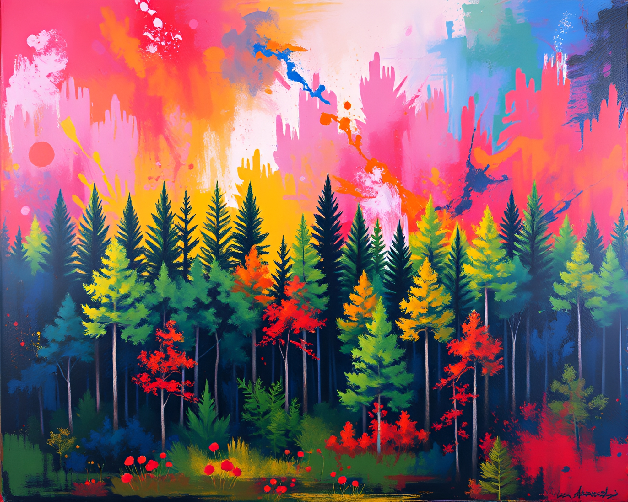 Vibrant Forest Painting on Abstract Background – free AI stock image