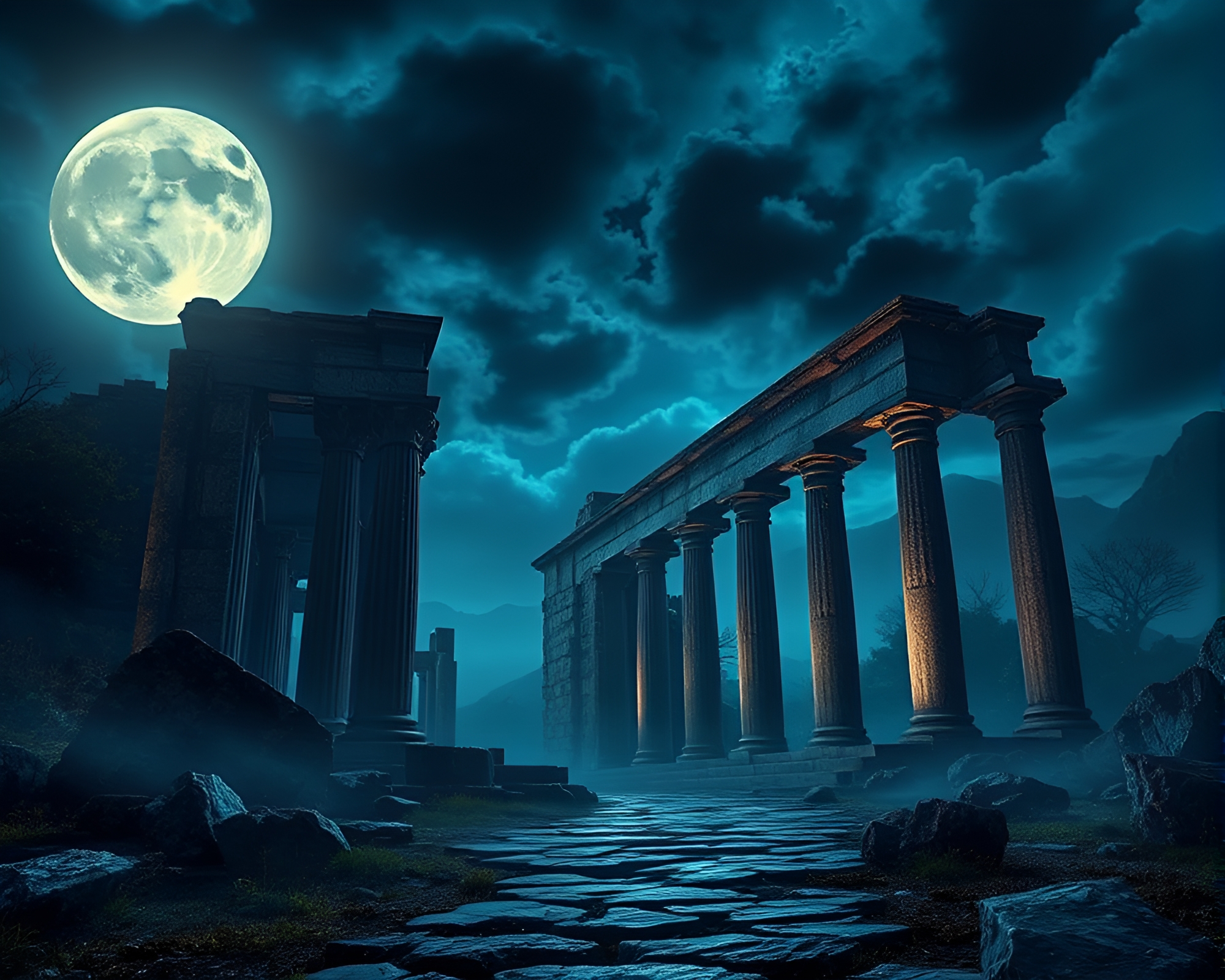 Mystical Ancient Ruins in Moonlight – free AI stock image