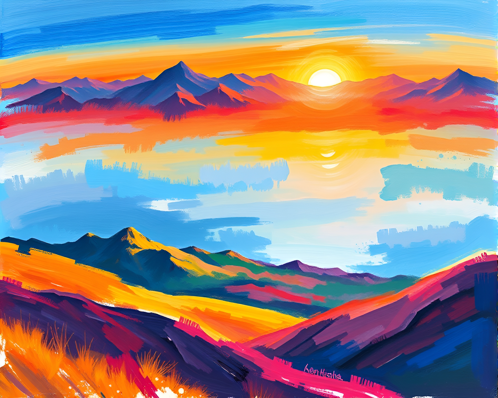 Vibrant Landscape Artwork Creates Serene Tranquility – free AI stock image