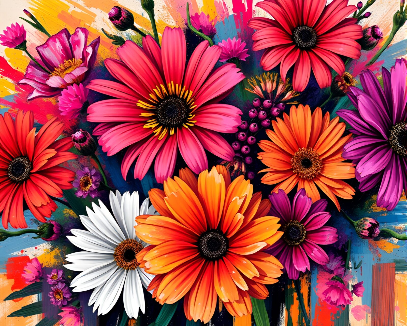 Abstract flowers in bright colors and dynamic textures