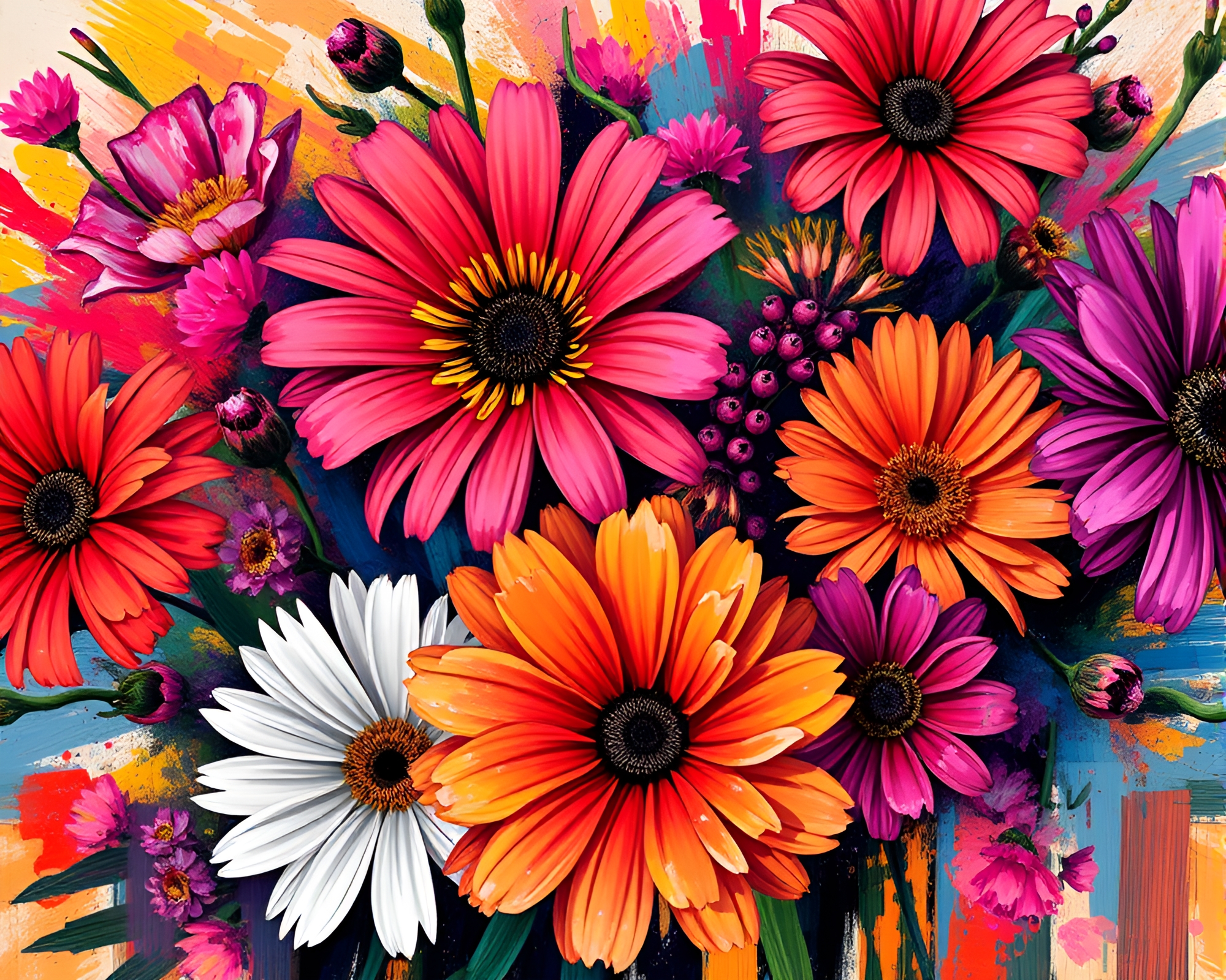 Vibrant Flowers Abstract Art with Textured Brush Strokes – free AI stock image