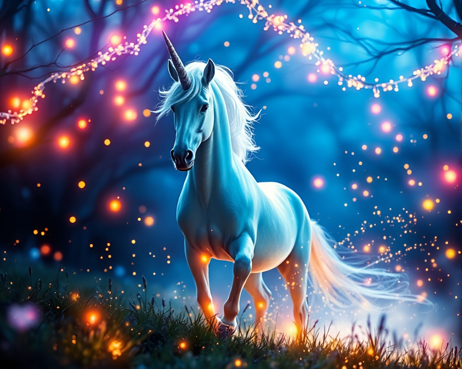 Enchanting unicorn standing under mesmerizing fantasy lights