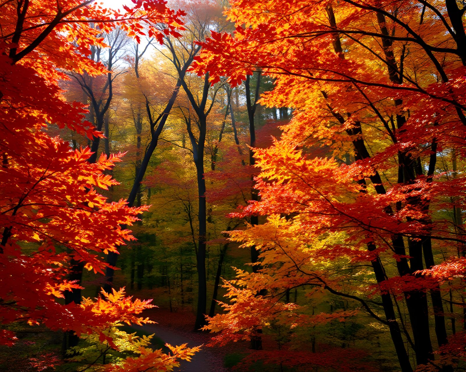 Colorful foliage covering forest canopy in vibrant autumn hues