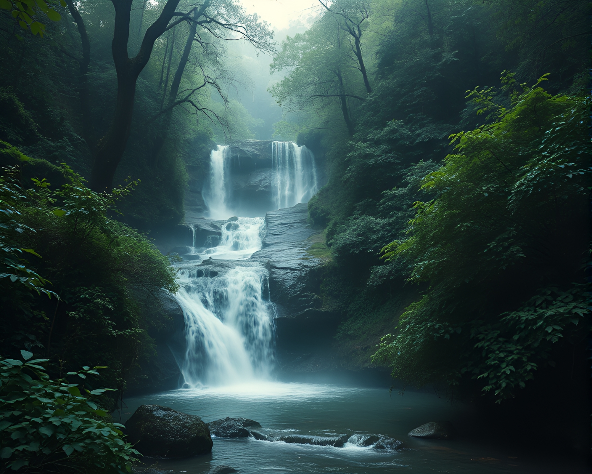 Enchanted Forest with Misty Waterfall – free AI stock image