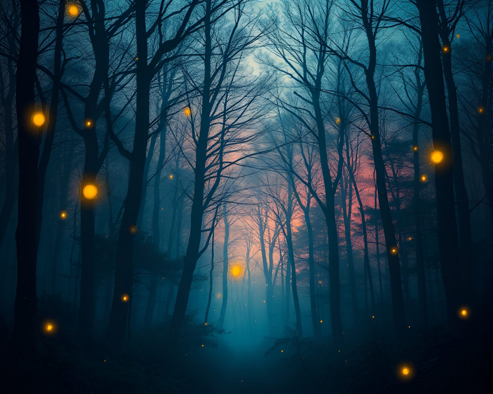Enchanting forest scene with luminescent fireflies at twilight