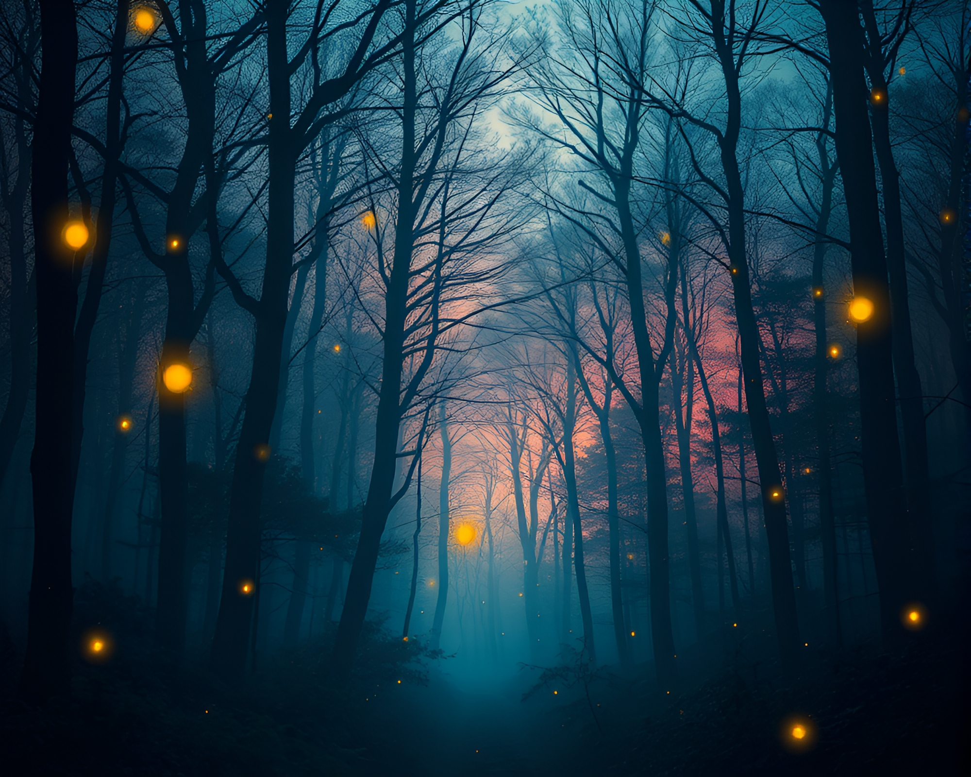 Surreal Forest at Dusk with Glowing Fireflies – free AI stock image