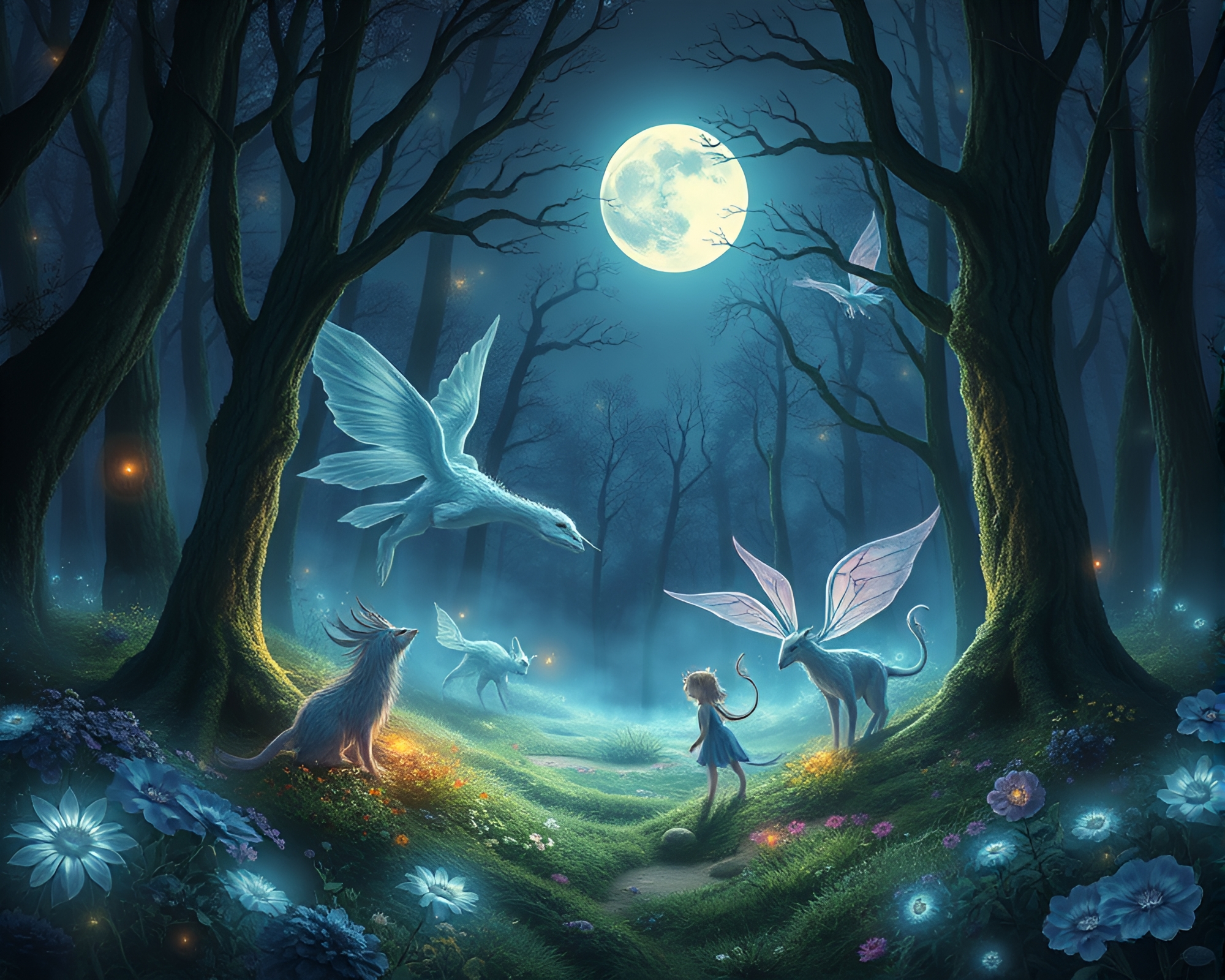 Mystical Forest Encounter With Ethereal Creatures – free AI stock image