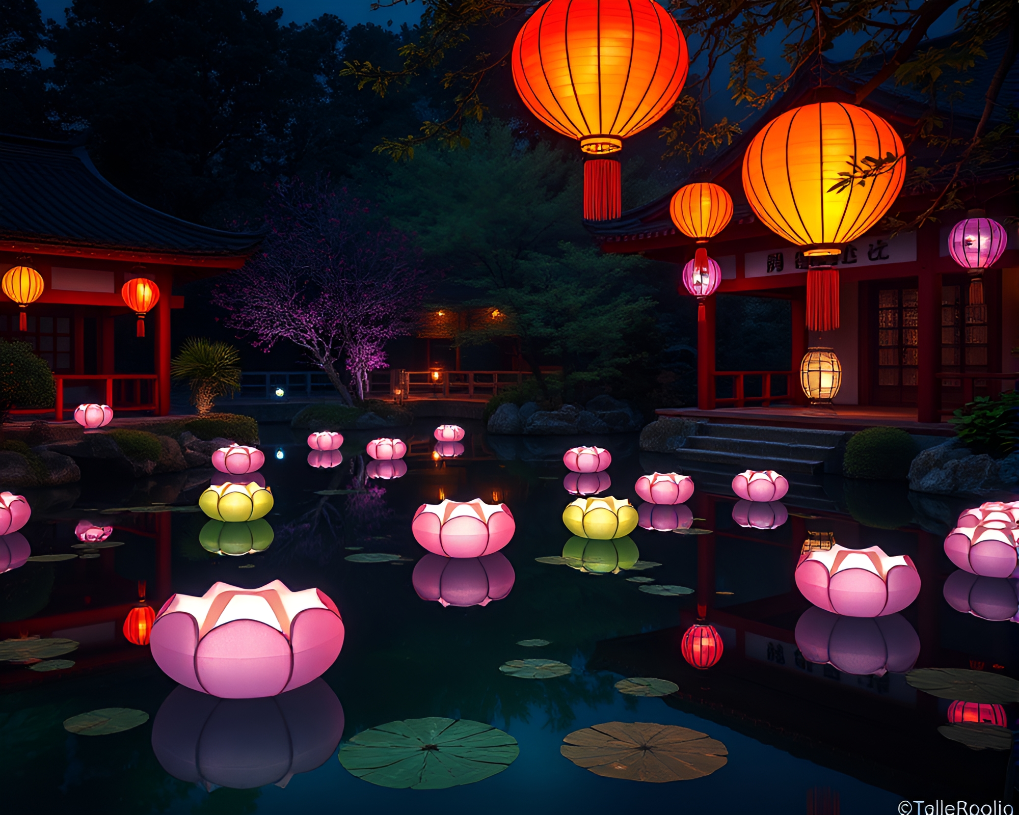 Peaceful Floating Lanterns in Japanese Garden – free AI stock image