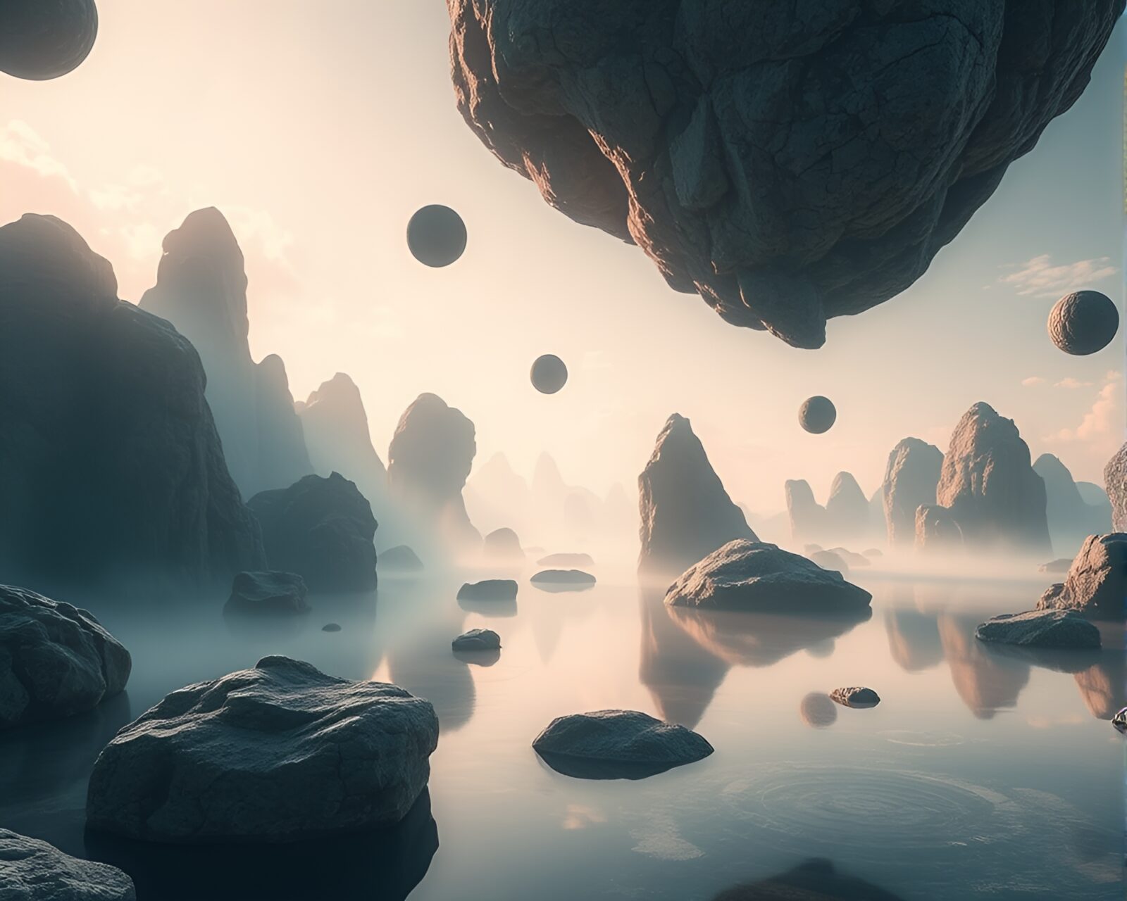 Majestic landscape featuring levitating rocks in a dreamy setting