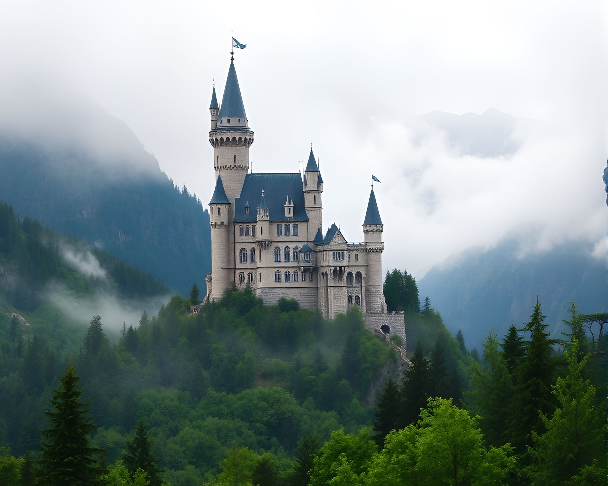 Majestic Castle in Misty Mountains – free AI stock image