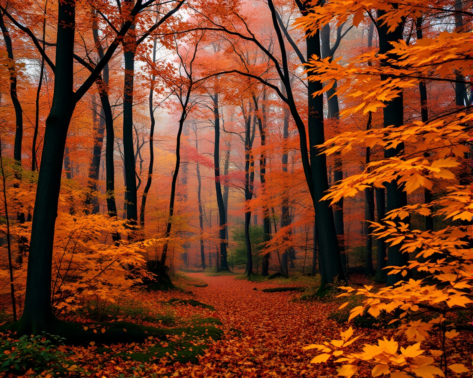 Vibrant autumn scenery with golden leaves in magical forest