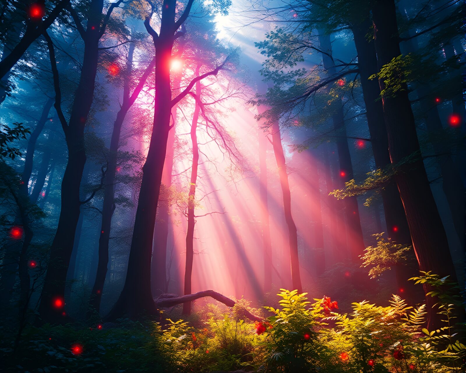 Magical forest landscape with glowing lights and vibrant colors