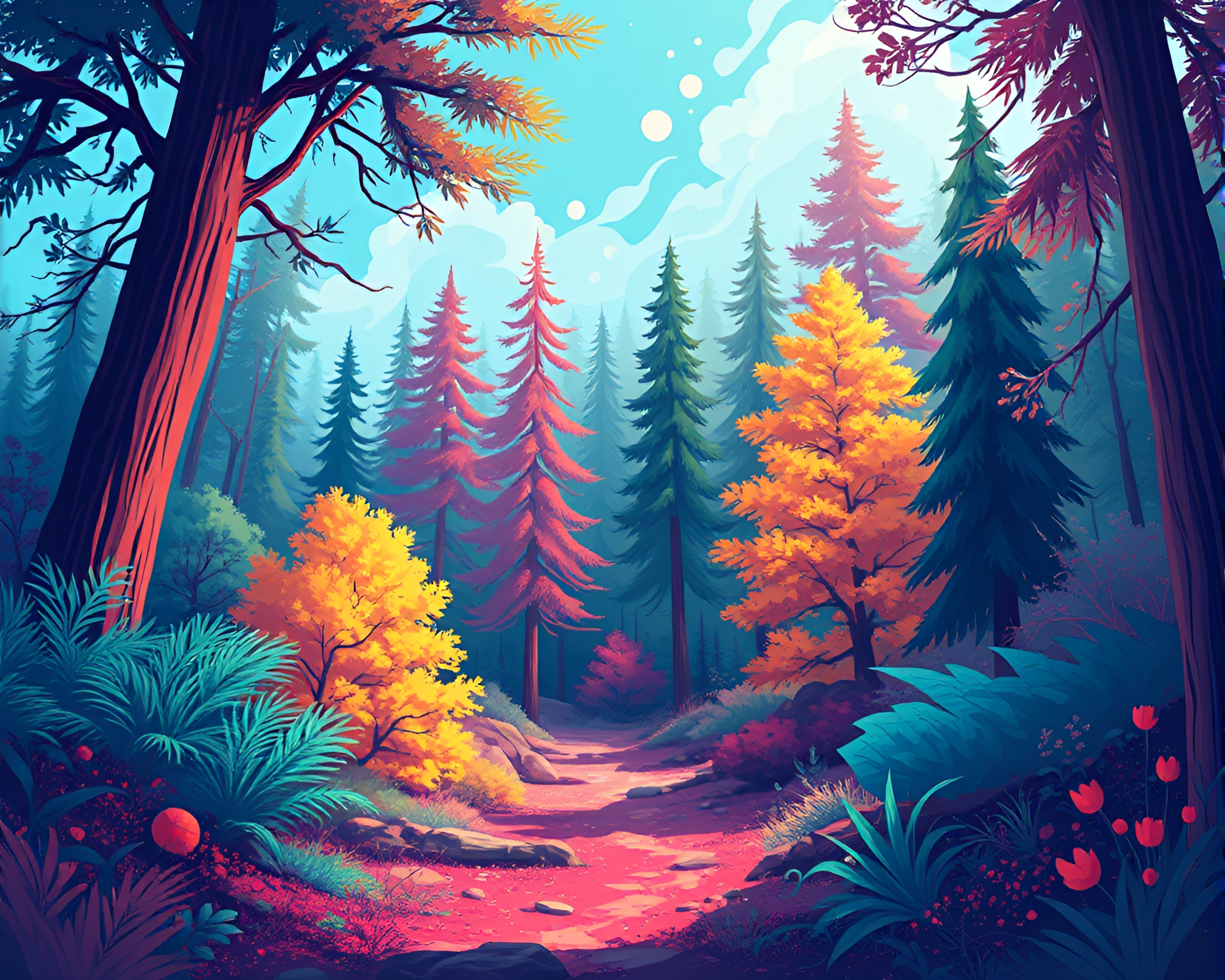 Vibrant Forest Illustration Bursting with Energetic Colors – free AI stock image