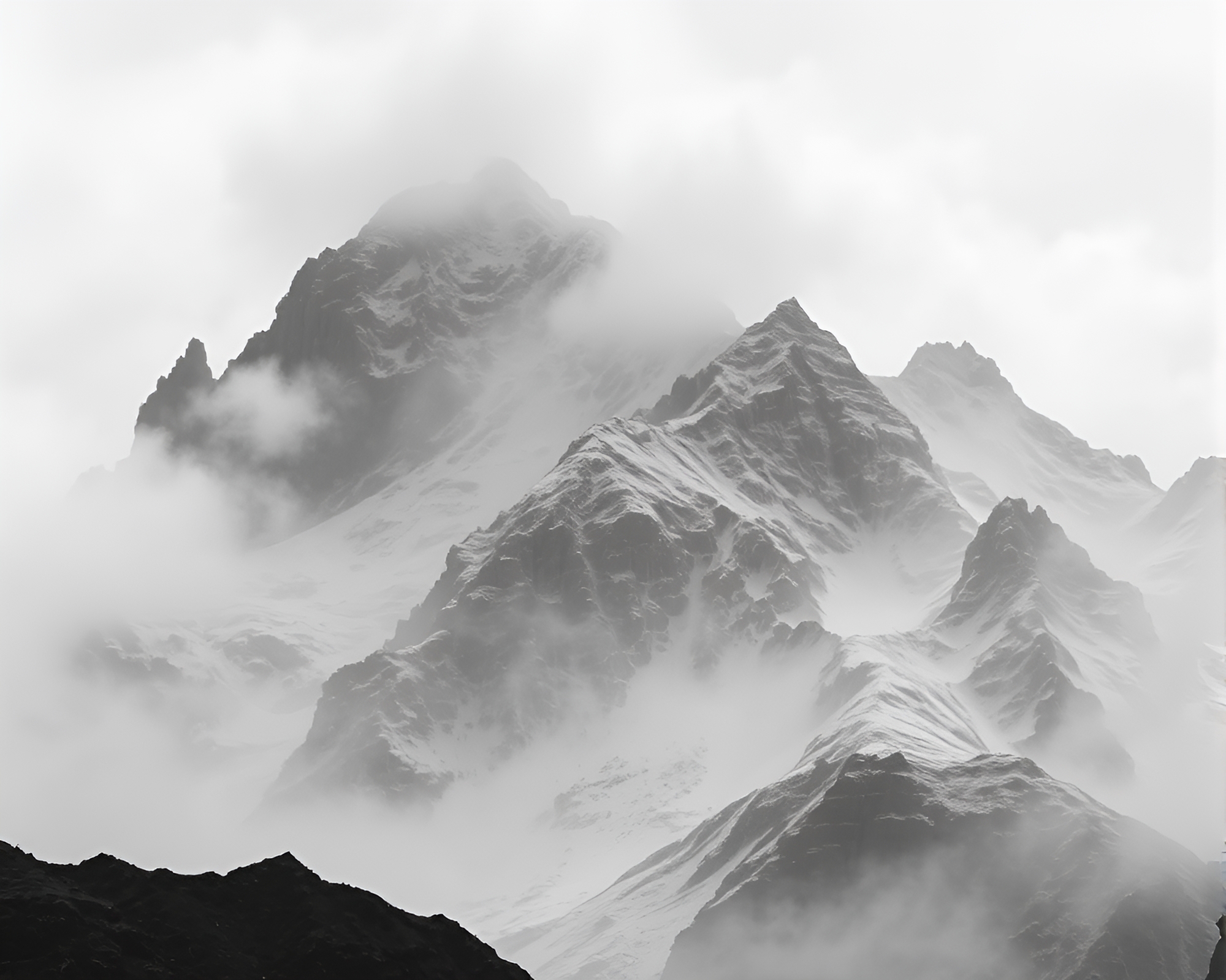 Surreal Monochrome Mountain Landscape Painting – free AI stock image