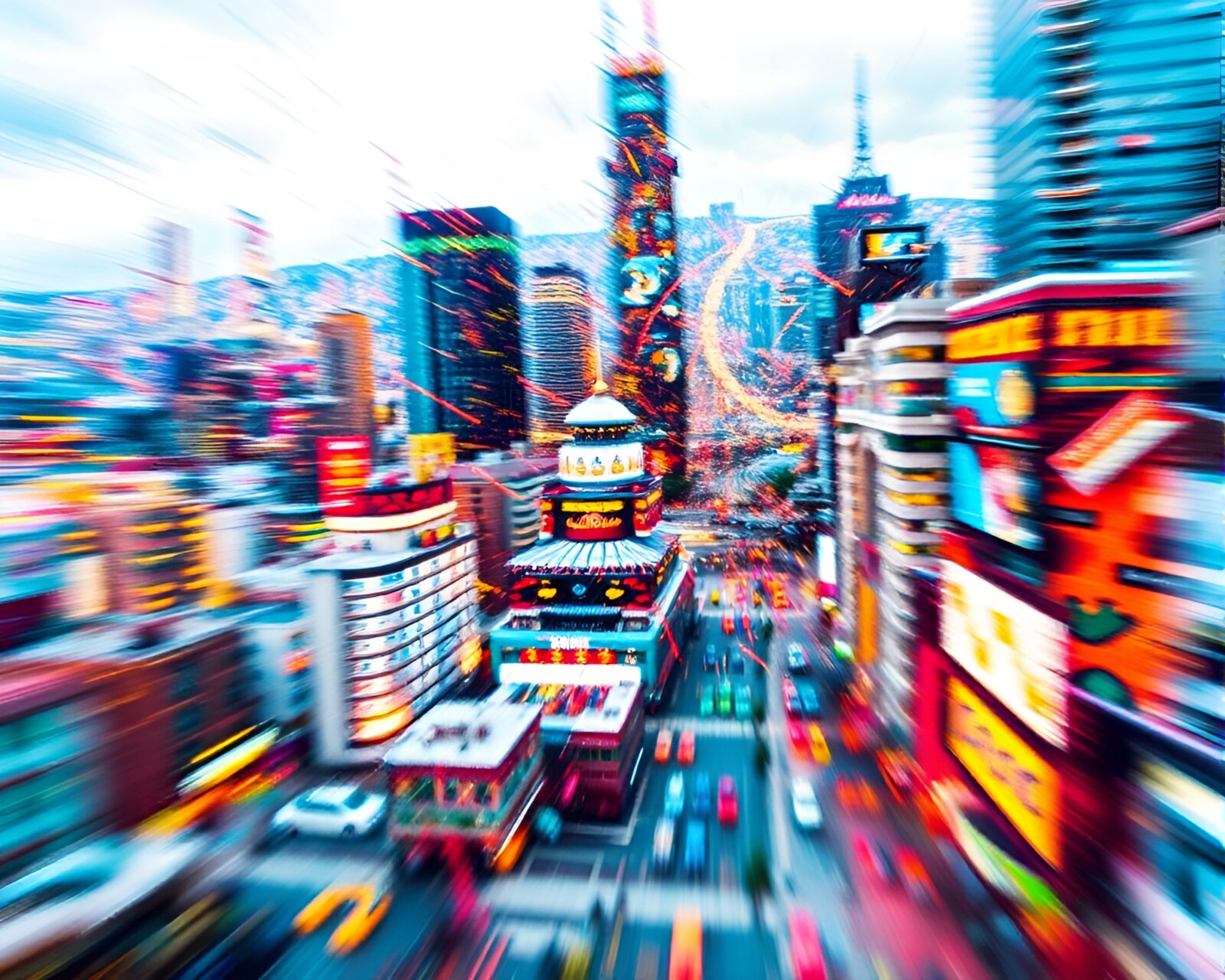 Colorful cityscape in abstract style with dynamic composition